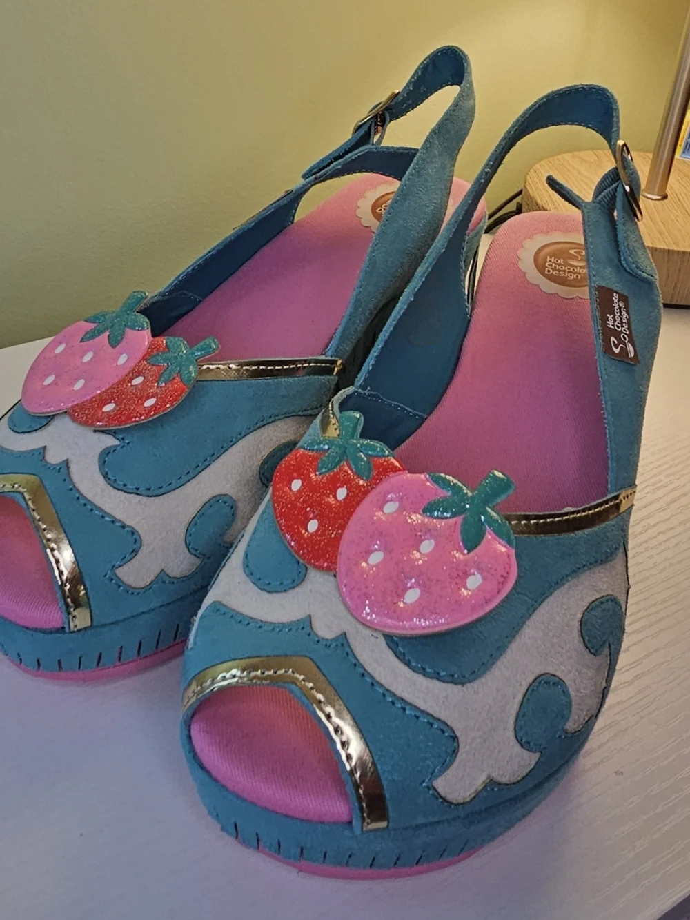 Teal Platform Slingback Sandals with Pink & Red Strawberry Accents